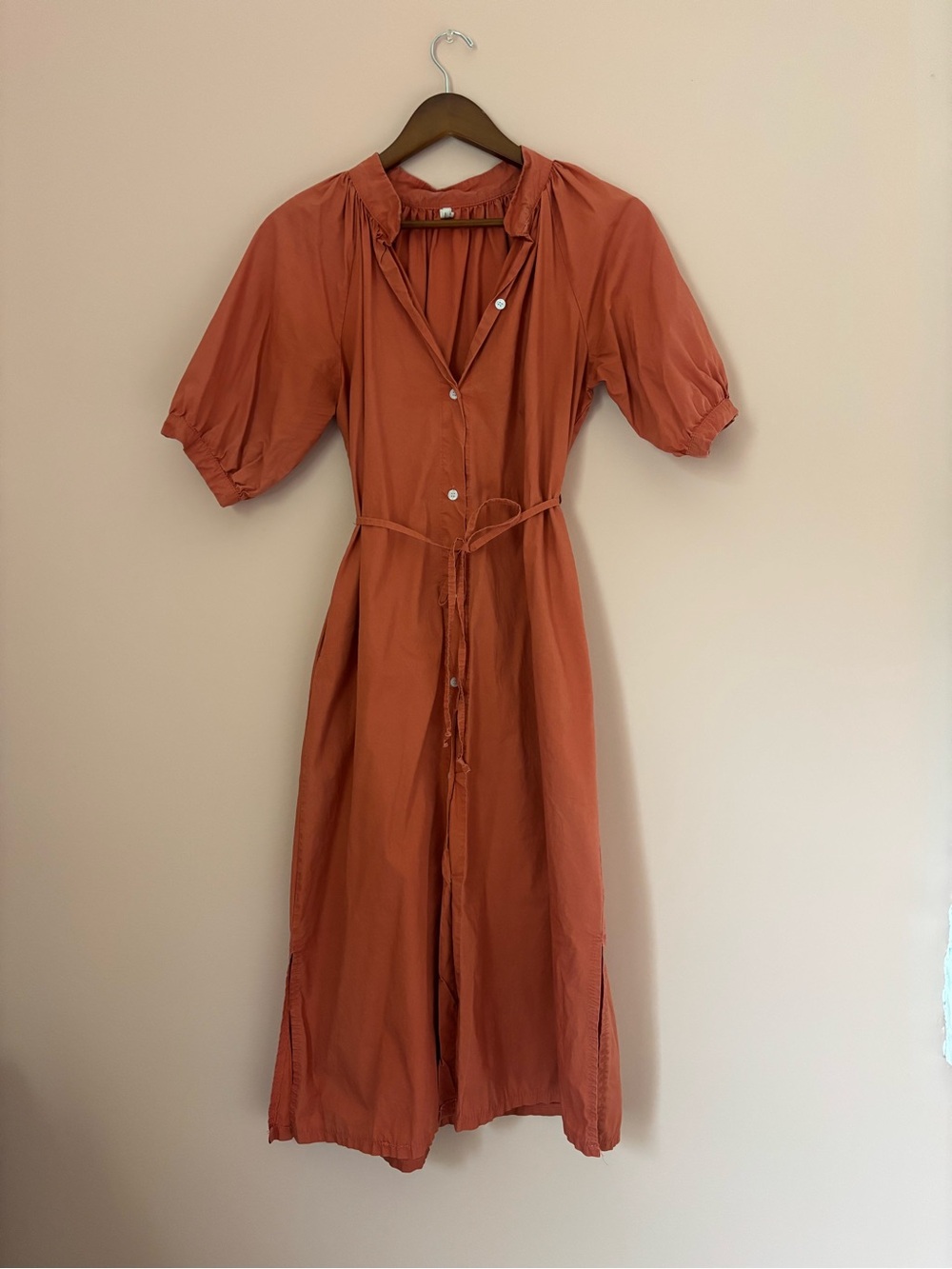Women’s Terracotta Button-Front Midi Dress with Tie Waist